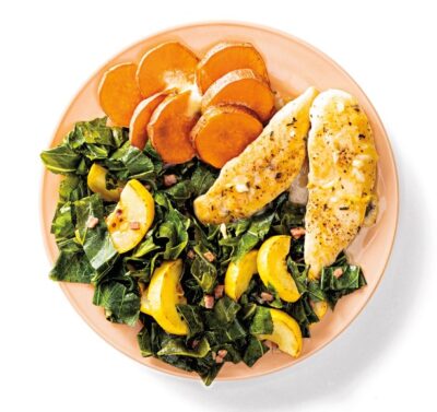 Diabetes Diet with vegetables, Diabetes Management plate of food, chicken sweet potatoes. collards