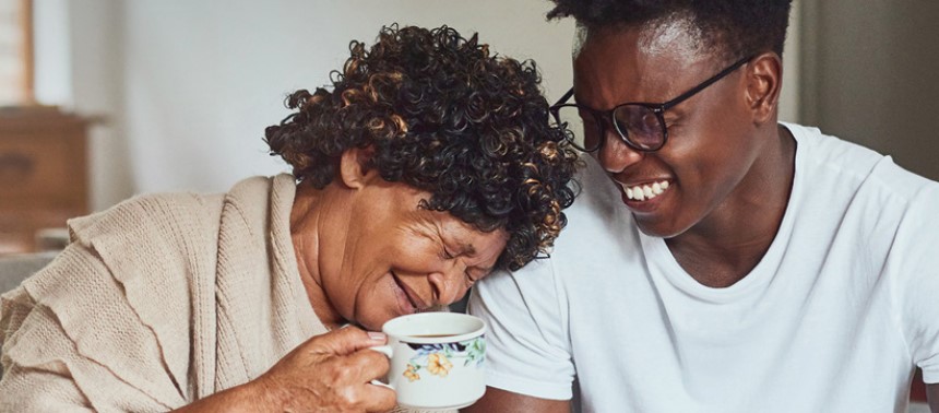 diabetes plan and diabetes treatment
; older women with tea laughing with son.